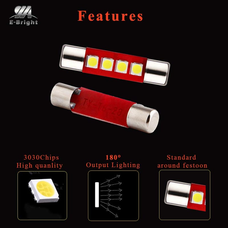 YM EBright YM E-Bright White 28MM Festoon Led For Car Visor Mirror Lights, 14V1CP 6641 6612F Led Festoon Bulb 12V Dome Light, 3030-4SMD, Pack of 6 - Image 3